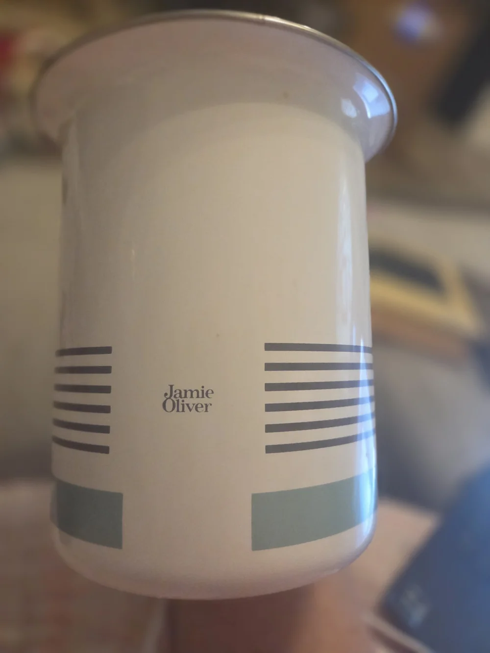 Metal Utensil Crock in White with Aqua Accents